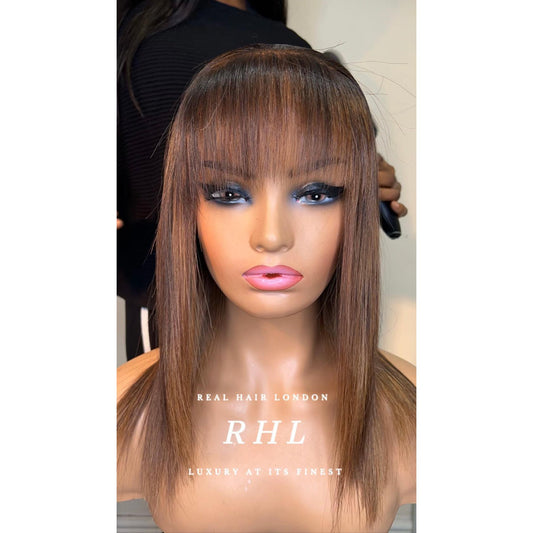 Brown Highlights Custom Colour - 12” Straight Human Hair Closure Wig